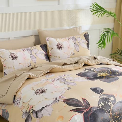Yogeneg Queen Comforter Set 7 Piece Bed in a Bag,White Black Floral Botanical Pattern Khaki Bedding Set,Soft Microfiber Comforter with Sheet Set,All Season Bed Set(Khaki,Queen)