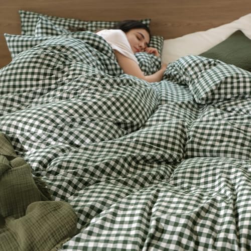 MooMee Gingham Duvet Cover Set 100% Washed Cotton Linen Like