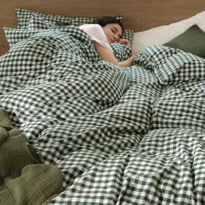 MooMee Gingham Duvet Cover Set 100% Washed Cotton Linen Like