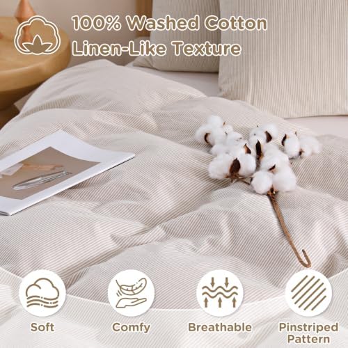 TOCOMOA Brown Striped Duvet Cover Set 100% Washed Cotton Like Linen, Queen