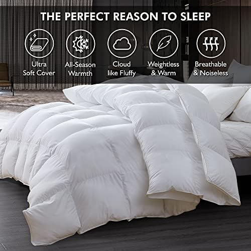 Luxurious Queen Size Goose Down Fiber Waterfowl Feather Fiber Comforter Duvet, 48 oz. Fill Weight, Baffle Box Design, White Solid