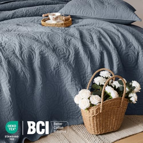 WDCOZY 100% Cotton Cal King Quilt Bedding Sets Floral Rosette Dusty Blue