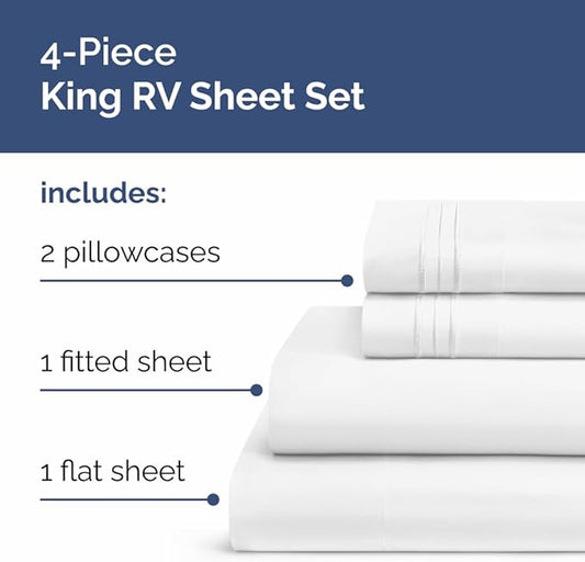 RV King Size Sheet Set 72 X 80 - 4 Piece RV Short Queen Bed Sheets - Ultra Soft, Breathable & Cooling - Designed for Bunks, Trailers & Camper - Fits 8” to 12" Mattress - Hotel Luxury Bedding - White