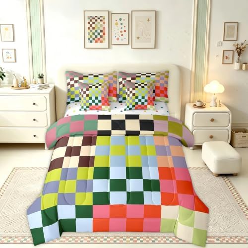 Feelyou Multicolored Checkered Retro 7 Piece Bedding Set Kids Boys Geometric Vintage Comforter Set with Sheets King Size Green Red Yellow Colorful Bed in a Bag Modern Groovy Aesthetic Room Decor
