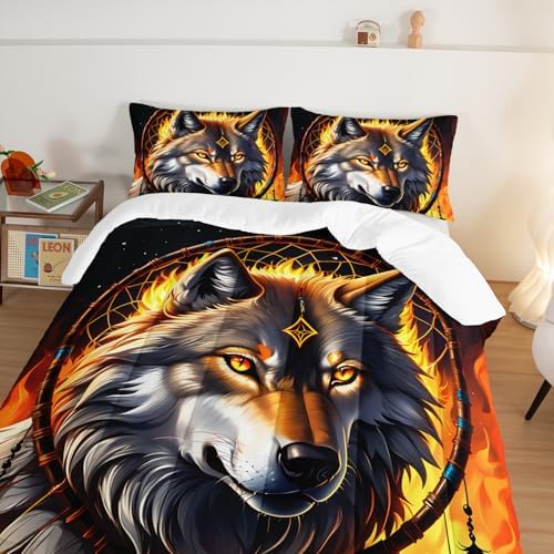 Wolf Comforter Set Queen Size,Dreamcatcher Flame Print Bedding Set for Kids Boys Room Decor,Boho Animal Themed Bedding Soft Lightweight Comforter Sets with 2 Pillowcases.