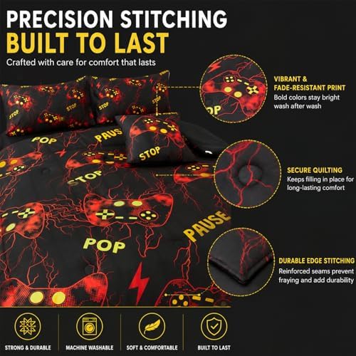 ZRNBAST 6 Pcs Twin Comforter Set for Boys Gamer Bedding Sets for Teens Kids Microfiber Game Console Comforter Set Red Lightning Gaming Bed in a Bag with Sheets(Red,Twin)
