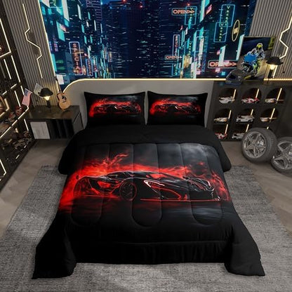 Erosebridal Red Race Car Toddler Size Bedding Set Boys Red Black Racing Car Comforter for Kids Girls Racing Car Room Decor Bedding Collection Extreme Sports Gaming Down Comforter,Soft Microfiber