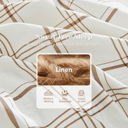 MEISHANG 100% French Pure Linen Sheets Queen Size - Bed Sheets 4 Piece Sets, Soft Durable Flax Linen, Anti-Tear Breathable Moisture Wicking with 16" Deep Pocket (Linen Plaid)