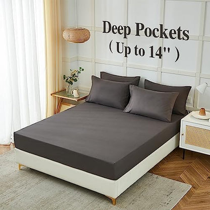 ILAVANDE King Size Sheets Set 6 Piece,Hotel Luxury Super Soft 1800 Series Microfiber Grey Bed Sheets King Set-Wrinkle Free & Breathable-14 Deep Pocket Sheets for King Size Bed(King,Neutral Grey)