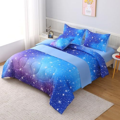 JQinHome Queen Ombre Blue Comforter Set, 6 Piece Bed in A Bag 3D Colorful Bedding Sets for Teen Girls (1 Comforter,2 Pillowcases,1 Flat Sheet,1 Fitted Sheet,1 Cushion Cover)(Star Blue)