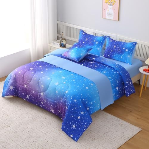JQinHome Twin Ombre Blue Comforter Set, 6 Piece Bed in A Bag 3D Colorful Bedding Sets for Teen Girls (1 Comforter,2 Pillowcases,1 Flat Sheet,1 Fitted Sheet,1 Cushion Cover)(Star Blue)