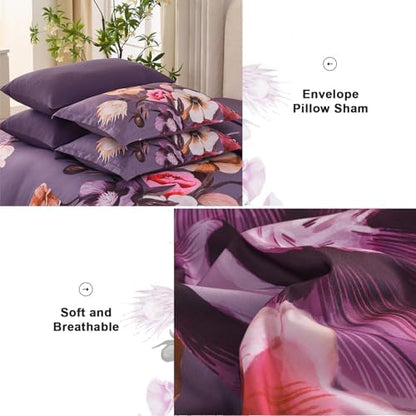 Luxudecor Floral Comforter Set King Size 7 Piece, Purple Flower Bed in a Bag, Elegant Floral Comforter Bed Set with Sheet Set, Soft Microfiber Bedding Set for All Season (104"x90")