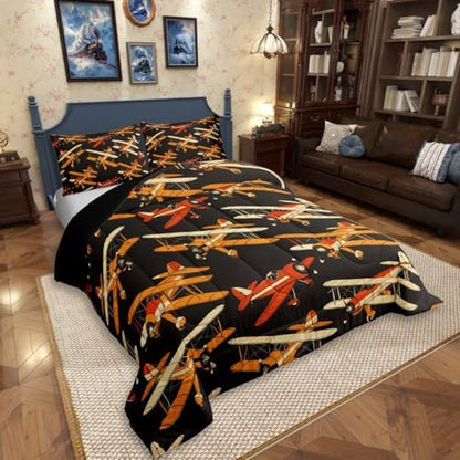 Erosebridal Cartoon Aircraft Queen Comforter Set, Propeller Plane Bedding Set, Modern Airplane Comforter for Kids Boys Men Bedroom Decor, Aviation Theme Black Quilt with 2 Pillowcases, 3 Pcs