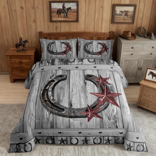 Castle Fairy Grey Rustic Barn Comforter Set Western Cowboy Horseshoe Bedding Set Queen Size for Kids Boys Adults Teens Room Decor Vintage Farmhouse Wooden Quilt Set Star Horseshoe Duvet Insert 3pcs