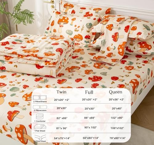 SDY 7 Piece Bedding Set Full,Cute Mushroom Bedding Set for Boys Girls Kids Bed in a Bag with Mushroom Sheets Comforter PillowSham Pillowcase