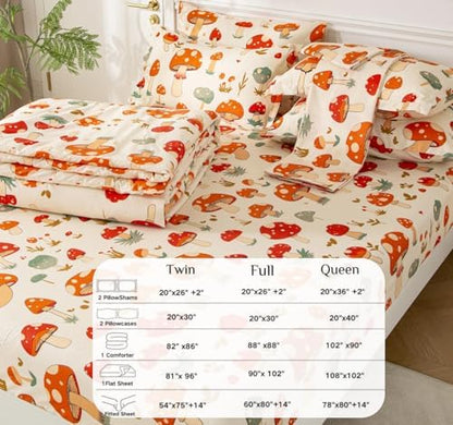 SDY 7PCS Mushroom Bedding Twin，Mushroom Comforter Twin and Bed Sheets for Boys Girls and Kids witj 1Comforter 1Fitted Sheet 1Flat Sheet 2Pillow Cover 2Pillow Sham