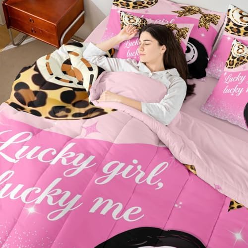 Pink Girly Fashion Y2K King Comforter Set 7 Piece Trendy Leopard Lucky 8 Ball Bedding Set For Kids Girls Teen,Cheetah Print Bow Bed In A Bag Preppy Room Decor,Fashion Coquette Aesthetic Bed Set