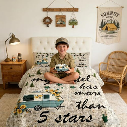 Manfei Happy Camping Comforter Set Full Size,Camper RV Trailer Decor Bedding 3pcs for Kids Boys Girls Adults,Pine Trees Wilderness Adventure Down Comforter,Beige Fashion Duvet Insert,2 Pillowcase