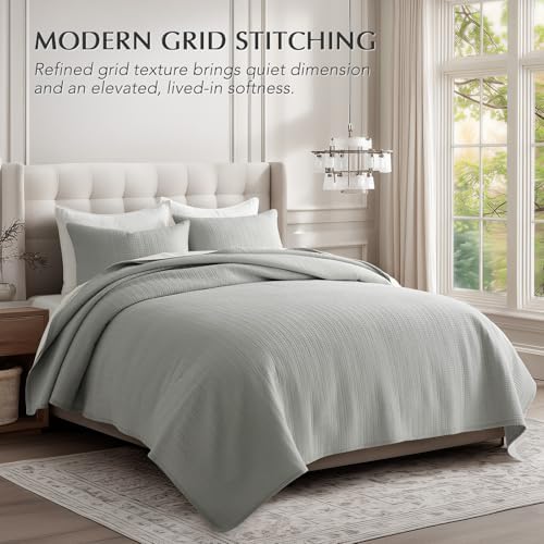 EverGrace 100% Cotton Modern Grid Stitch Quilt Set Queen Size, Drizzle Gray