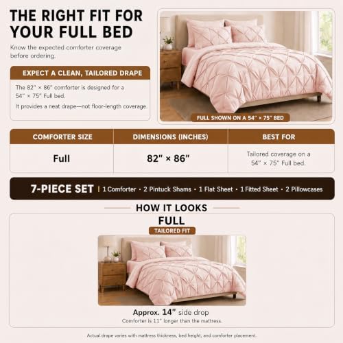 HIMEET Full Size Comforter Set Peach Pink - 7 Pieces Pintuck Bed in a Bag