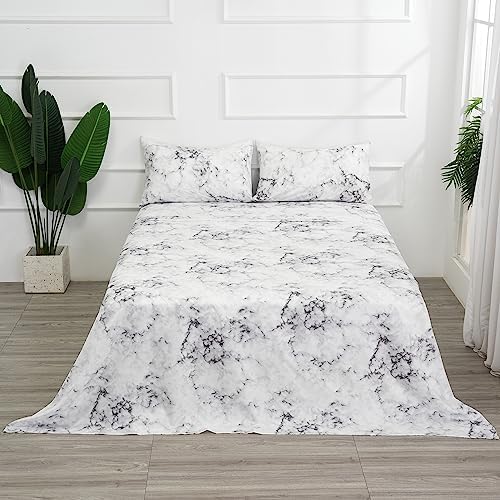 Best Season Bed Sheet Set 4 Pieces -Queen Size-Soft Durable Microfiber Bedding Sheet Set,Deep Pocket,Stain,Fade & Wrinkle Resistant(White Marble)