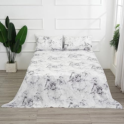 Best Season Bed Sheet Set 4 Pieces -Queen Size-Soft Durable Microfiber Bedding Sheet Set,Deep Pocket,Stain,Fade & Wrinkle Resistant(White Marble)