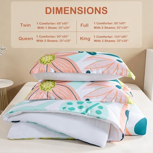 Tyrot Boho Floral Queen Comforter Set - 3 Piece Summer Tropical Botanical Bedding Comforter Sets for All Season Soft Lightweight Mid Century Bed Set, (1 Reversible Comforter and 2 Pillow Shams