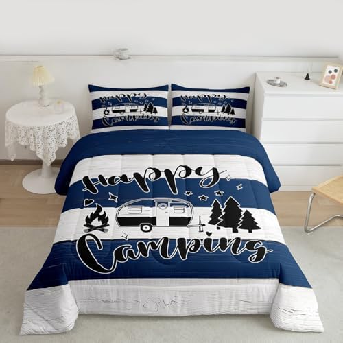 Happy Camping Comforter Set Twin Size,Camper RV Trailer Decor Bedding Set 2pcs for Kids Boys Girls Adults,Rustic Farmhouse Wooden Plank Down Comforter,Blue White Retro Duvet Insert,1 Pillowcase