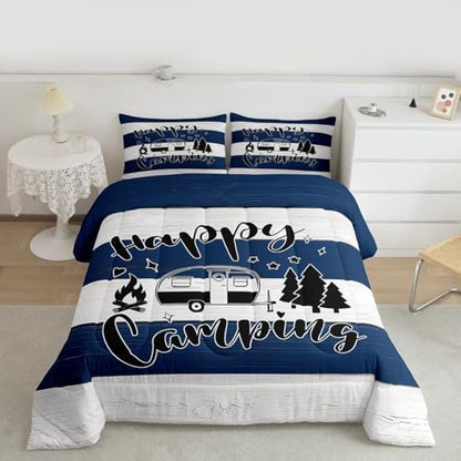 Happy Camping Comforter Set Twin Size,Camper RV Trailer Decor Bedding Set 2pcs for Kids Boys Girls Adults,Rustic Farmhouse Wooden Plank Down Comforter,Blue White Retro Duvet Insert,1 Pillowcase