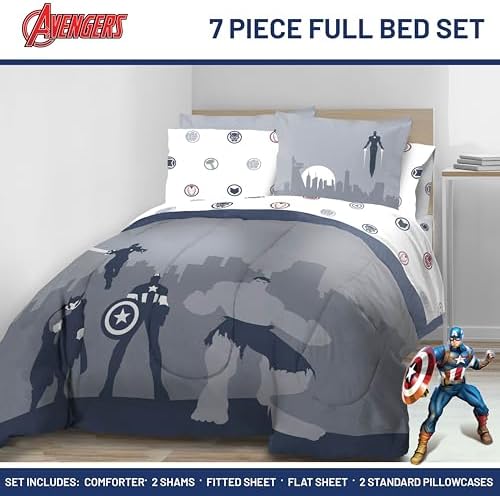 Marvel Avengers Full Comforter Set 7 Piece Soft Bedding for Boys, Blue
