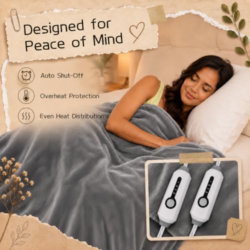 Electric Heated Blanket King Size 90"x100", Dual Controllers, Light Gray