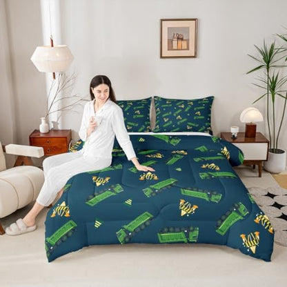 Feelyou Garbage Truck Toy Print Warm Comforter Setfor Kids Boys, Green Garbage Truck Bedding Set Cartoon Equipment Comforter Navy Blue Decor All Season Quilt Room 3Pcs King Size Boys