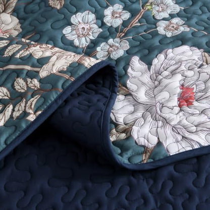 Litanika Floral Teal Quilt California King - 3Pcs Botanical Birds Bed Set
