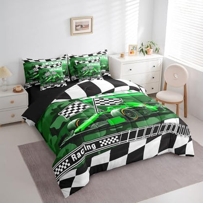 Boys Racing Game Comforter Set Bed in a Bag 7 Pieces Twin,3D Race Car Camouflage Print Bedding Set,Extreme Sports Gamer (Comforter+Fitted+Flat Sheet+2 Pillowcases+2 Throw Pillow Covers)