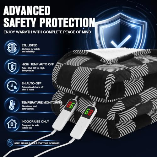 Black Electric Blanket Heated King Size 90"X100" Dual Control, Diagonal