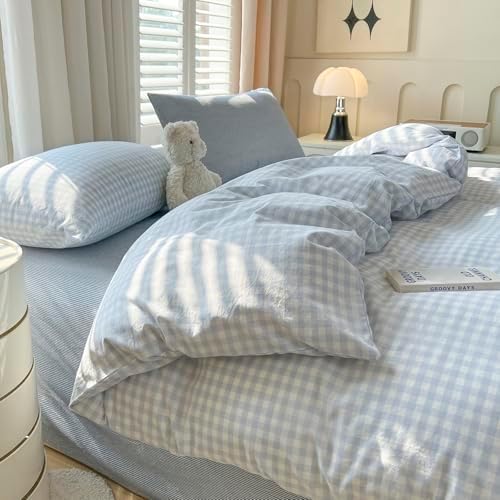 LifeTB Blue Gingham Duvet Cover Grid Bedding Set King 100% Washed Cotton Blue White Plaid Checkered Comforter Cover Farmhouse Gingham Bedding Set Soft Breathable Duvet Cover Set King Size