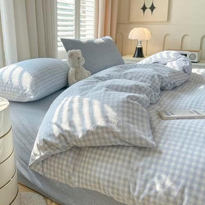 LifeTB Blue Gingham Duvet Cover Grid Bedding Set King 100% Washed Cotton Blue White Plaid Checkered Comforter Cover Farmhouse Gingham Bedding Set Soft Breathable Duvet Cover Set King Size