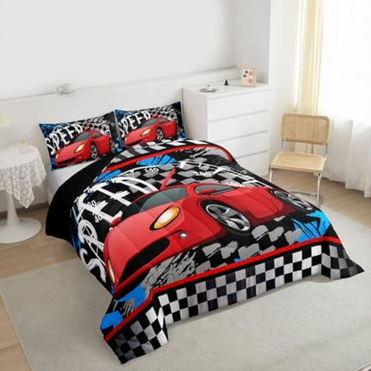 Feelyou Boys Race Car Bedding Set Cool Race Sports Car Set Comforter Set for Kids Boys Sports Theme Duvet Set Checkered Comforter Red 1 Comforter Set with 1 Pillowcase Twin Size