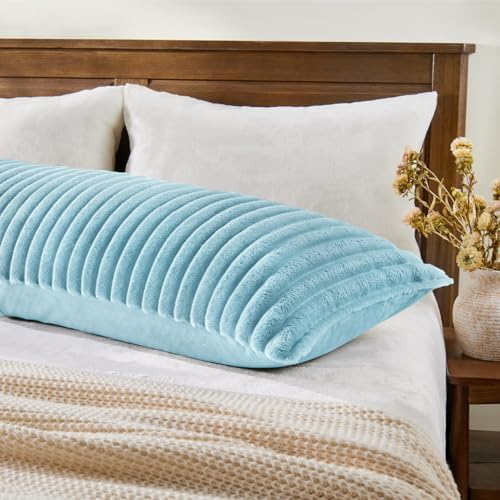 BEDELITE Fluffy Striped Body Pillow Cover with Zipper, Light Blue, 20x54
