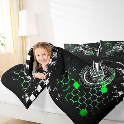 Castle Fairy Motocross Comforter Set Toddler Size,Green Honeycomb Ombre Artwork Bedding Set,Kids Teens Adult Room Decor,Extreme Sport Game Down Comforter,2 Pcs 1 Pillowcase