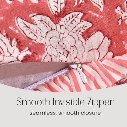 CPC Block Print Pink Coral Ruffle Cotton Lumbar Pillow Cover 12x20 inch