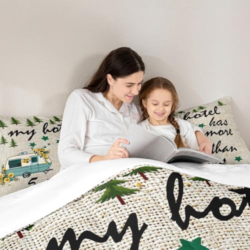 Manfei Happy Camping Comforter Set Twin Size,Camper RV Trailer Decor Bedding Set 2pcs for Kids Boys Girls Adults,Pine Trees Wilderness Adventure Down Comforter,Beige Fashion Duvet Insert,1 Pillowcase