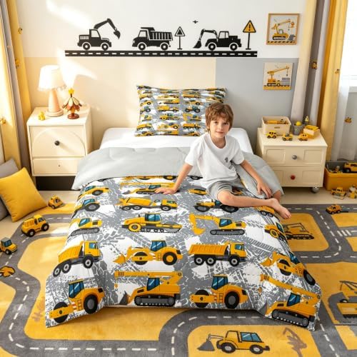 Kids Truck Comforter Set Twin Bedding Sets for Boys Toddler Children Cartoon Cars Construction Tractor Comforter Set Construction Machinery Vehicles Duvet Set Cars Bed Set with 1 Pillow Case
