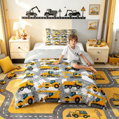Kids Truck Comforter Set Twin Bedding Sets for Boys Toddler Children Cartoon Cars Construction Tractor Comforter Set Construction Machinery Vehicles Duvet Set Cars Bed Set with 1 Pillow Case