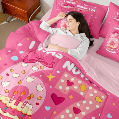 Erosebridal Pink 67 Bow Bedding Set 7 Piece Full Size for Girls Kawaii Love Heart Princess Comforter Set for Kids Teen Women,Six Seven Bed in A Bag with Sheets Cute Girly Bed Sets