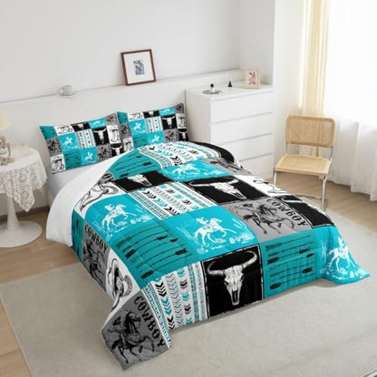 Manfei Cowboy Comforter Set Queen Size, Bull Skull Horse Arrow Quilt Set with 2 Pillowcases, Geometric Grid Blue Plaid Bedding Set 3pcs for Kids Boys Girls Room Decor Western Duvet Insert