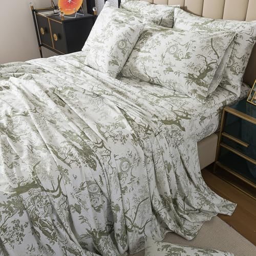 FADFAY Toile Sheets Set Cal King Sage Green Toile de Jouy Bedding Pastoral French Country Bedding 100% Egyptian Cotton Farmhouse Sheets Breathable Soft 4Pcs Deep Pocket Sheet Set for All Seasons