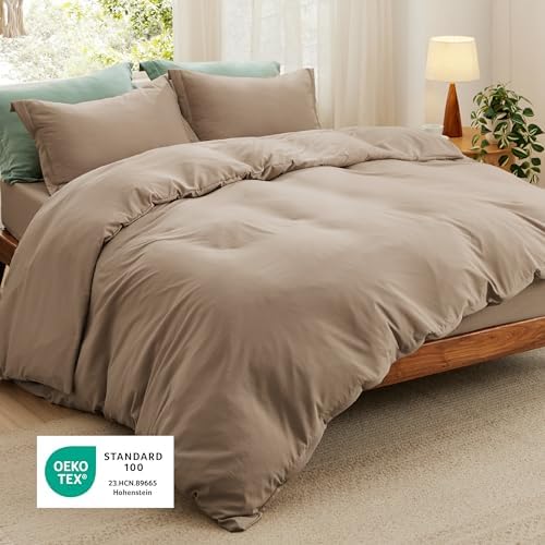 Bedsure Prewashed California King Duvet Cover & Fitted Sheet, Light Brown