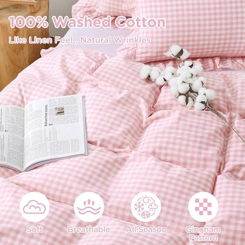 ATsense Pink Gingham Ruffle Duvet Cover Set Cotton Like Linen, Full