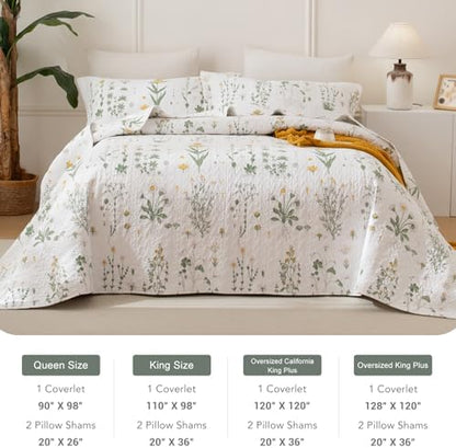 Lady Ann Oversized King Quilt 120x120, Cotton California King Size Quilted Bedding Set, Yellow Floral & Green Leaves Pattern Printed Cottagecore Coverlet Set Shabby and Chic Bedspread, 3 Pcs